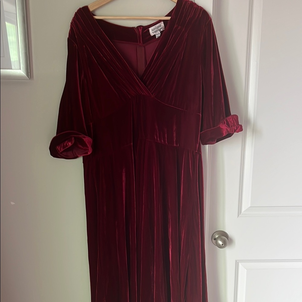 Unique Vintage Red V-Neck Gown with Cuffed Sleeves
